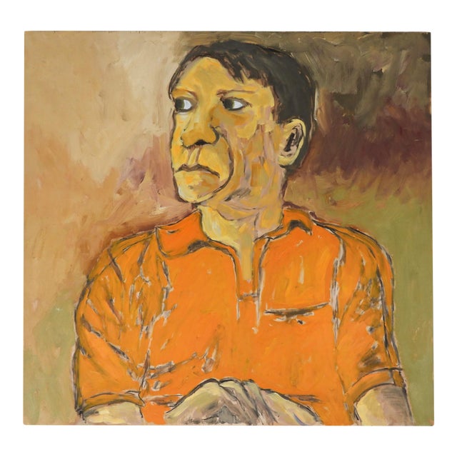 Contemporary Expressionist Portrait Painting of Man in Orange Shirt For Sale