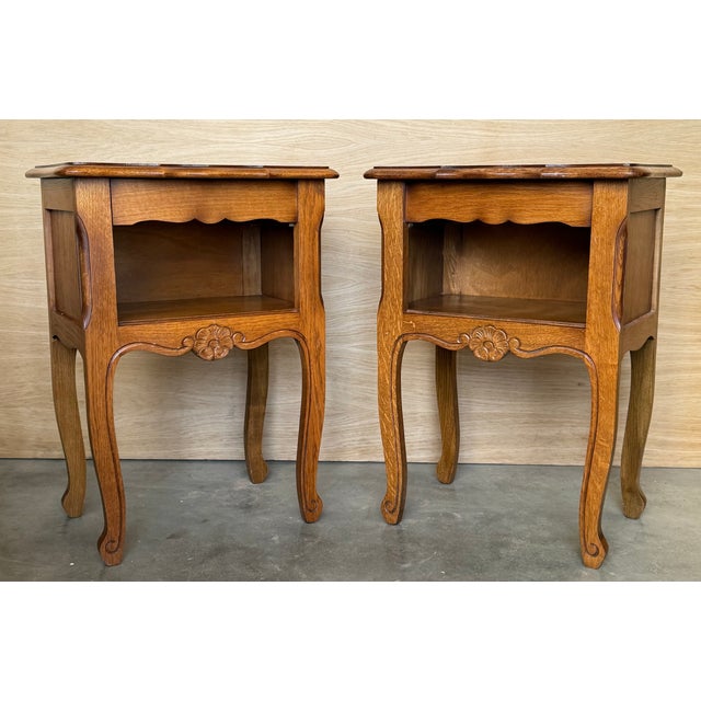 French Country A Pair of Oak Nightstands Tables With Drawer and Open Shelf, 1940 For Sale - Image 3 of 18