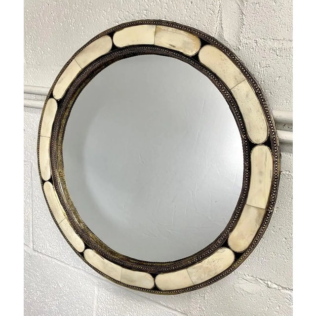 Art Deco Style Round White Frame & Antiqued Brass Filigree Inlay Mirror, a Pair For Sale In New York - Image 6 of 11