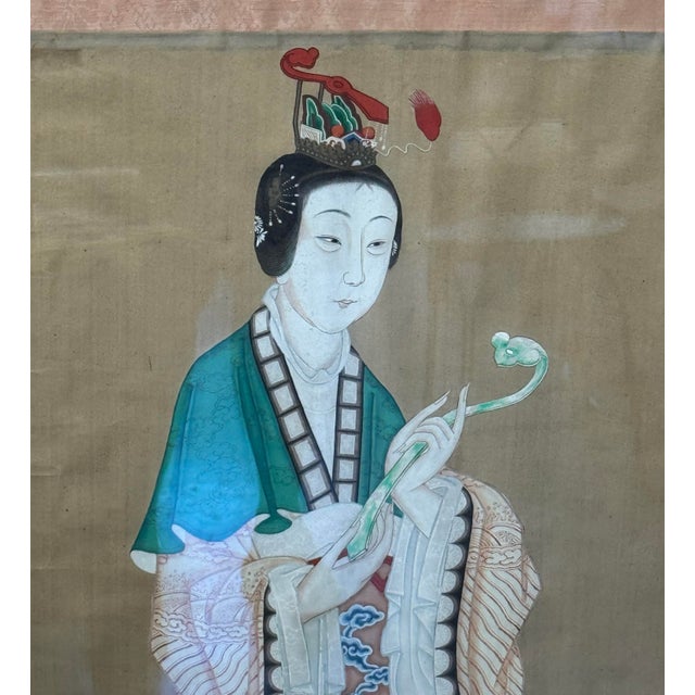 Pair of Antique Hand Painted Chinese Ancestral Portrait Paintings For Sale - Image 6 of 9