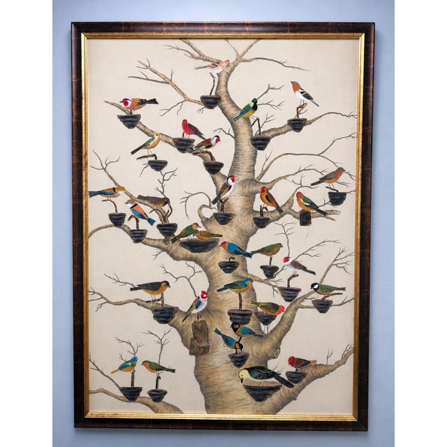 This large Chelsea House “The Aviary” hand-painted watercolor on silk presents a beautifully detailed composition of...