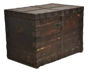 19th C. English Oak Wood and Steel Banded Safe Storage Cabinet Chest Trunk