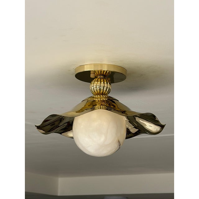 Metal Wavy Brass Flush Mount Light With Alabaster Globe For Sale - Image 7 of 13
