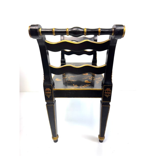 Wood Vintage Chinoiserie Black Lacquer Accent Bench With Gilt Hand-Painted Motifs For Sale - Image 7 of 15