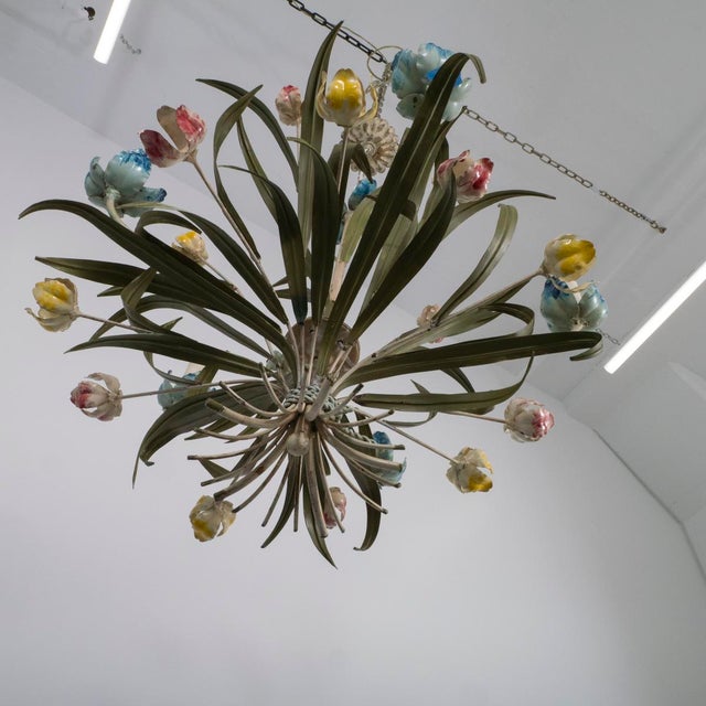 1960s Painted tole floral motif chandelier For Sale - Image 5 of 11