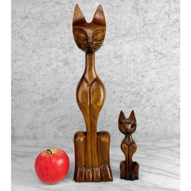 - A Pair of 1960's Siamese Cat Carved Sculptures - Carved of Solid Teak with a Wonderful Satin Finish - Set Includes Large...