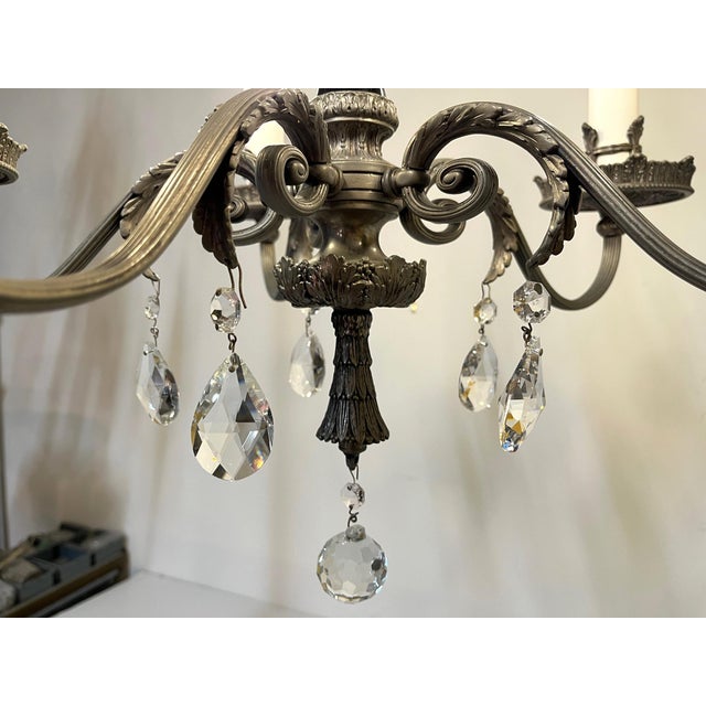 Metal Antique Five-Arm Metal, Black Glass and Crystal Chandelier For Sale - Image 7 of 15