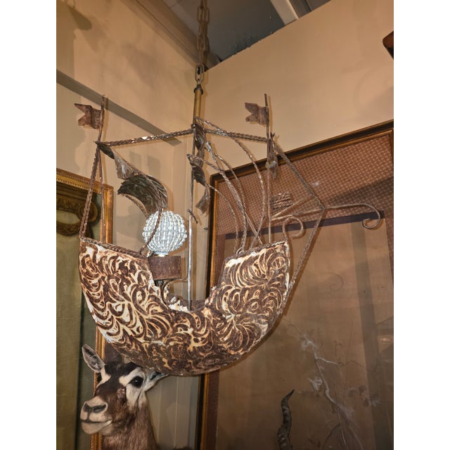 Rustic Ship Chandelier With Beaded Bulb Cover For Sale - Image 9 of 13