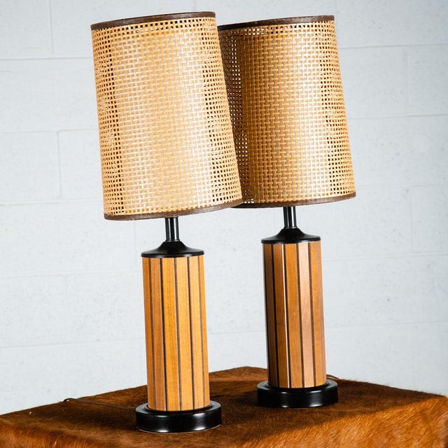 1960s Mid Century Modern Lamp Set Table Light Lighting Gruvwood Walnut Cane Shade Pair For Sale - Image 4 of 11