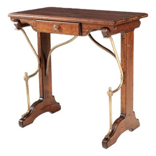 Italian Rustic Console Table With Brass Supports and Drawer For Sale
