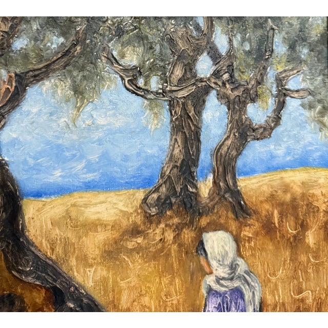 Brown Zvi Livni, Modernist Picnic Olive Trees Israel Landscape Oil Painting Zvi Livni Israeli Art, 20th Century For Sale - Image 8 of 9
