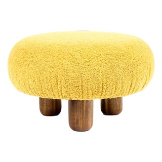 Custom Bolete Ottoman Footstool — Turned Walnut Legs — Goldenrod Bouclé For Sale