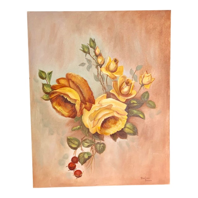 Coral and Yellow Roses Floral Botanic Acrylic Painting - Signed Original For Sale