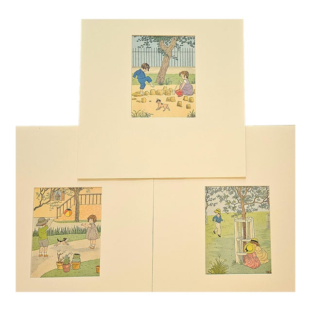 1934 Set of 3- Vintage French Prints-Children at Play, Matted For Sale