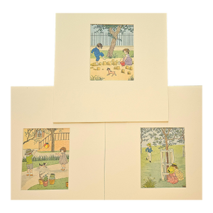 1934 Set of 3- Vintage French Prints-Children at Play, Matted