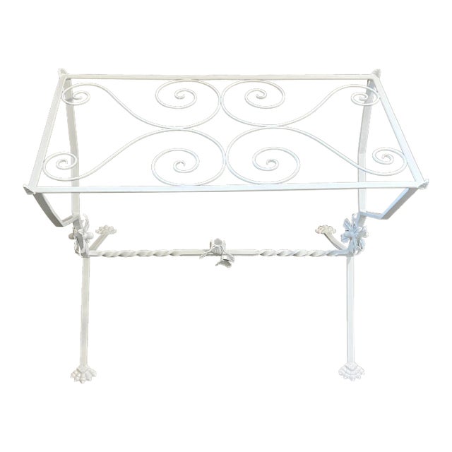 Antique Wrought Iron White Enamel Small Claw Footed Glass Table Topped
