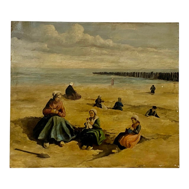 In the Style of Johannes Evert Hendrik Akkeringa Oil on Panel Beach Scene C.1920 For Sale