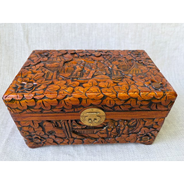 Chinoiserie Vintage Chinese Camphor Carved Chest Box For Sale - Image 3 of 17