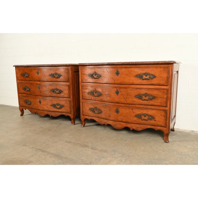 French Provincial Ralph Lauren French Provincial Louis XV Carved Walnut Marble Top Commodes or Chests of Drawers, Pair For Sale - Image 3 of 16