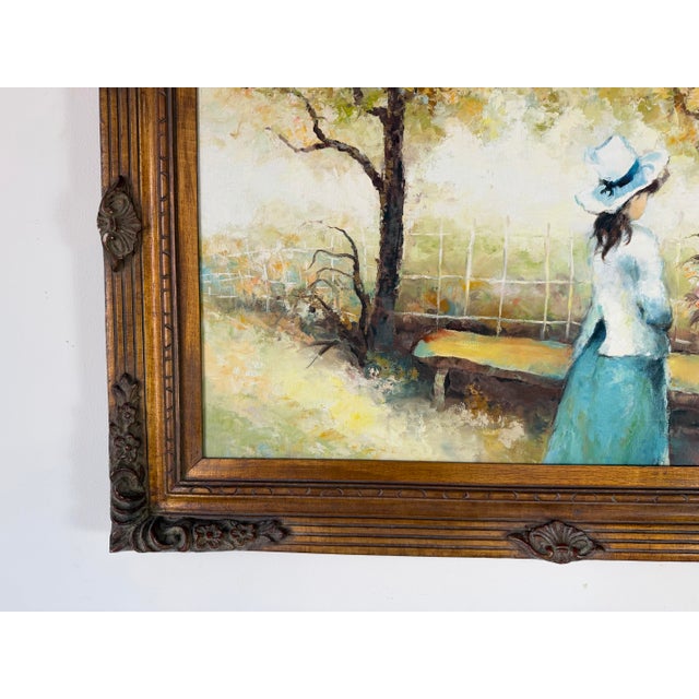 Dark Green 1960s Vintage Harrison E. Clark Impressionist Woman in Garden Oil on Canvas Painting, Framed For Sale - Image 8 of 12