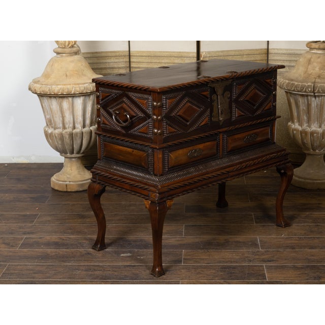 Anglo-Indian 19th Century Two-Toned Geometric Front Mahogany Coffer on Base For Sale - Image 10 of 12