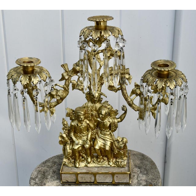 Antique Brass Triple Candle Girandole W/Figures and Hanging Crystals For Sale - Image 10 of 12