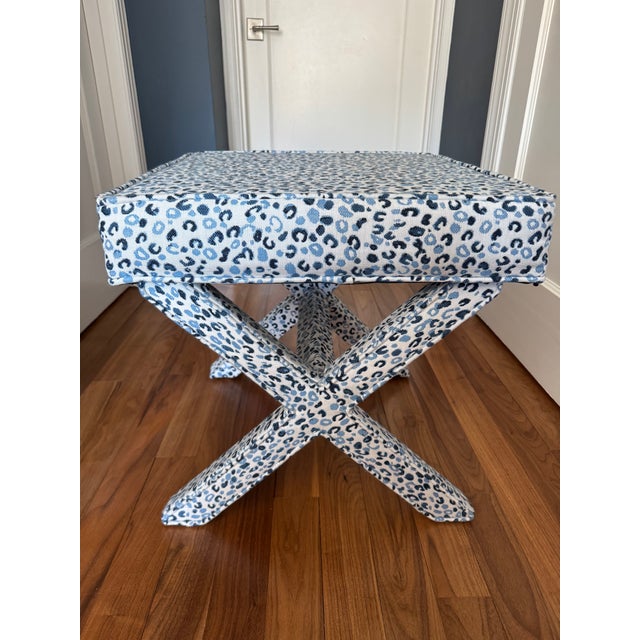 Ballard X bench in fun blue Lynx fabric. In very good condition, perfect addition to any room!