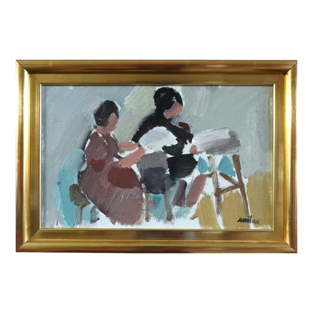 Mid-Century Modern 'The Craft of Two' Vintage Original Figurative Oil Painting, Framed For Sale
