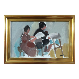 Mid-Century Modern 'The Craft of Two' Vintage Original Figurative Oil Painting, Framed