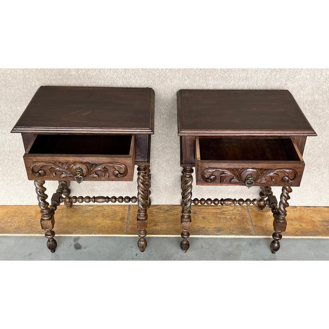 French Provincial 20th Century Pair of Solid Carved French Nightstands with Turned Columns For Sale - Image 3 of 18