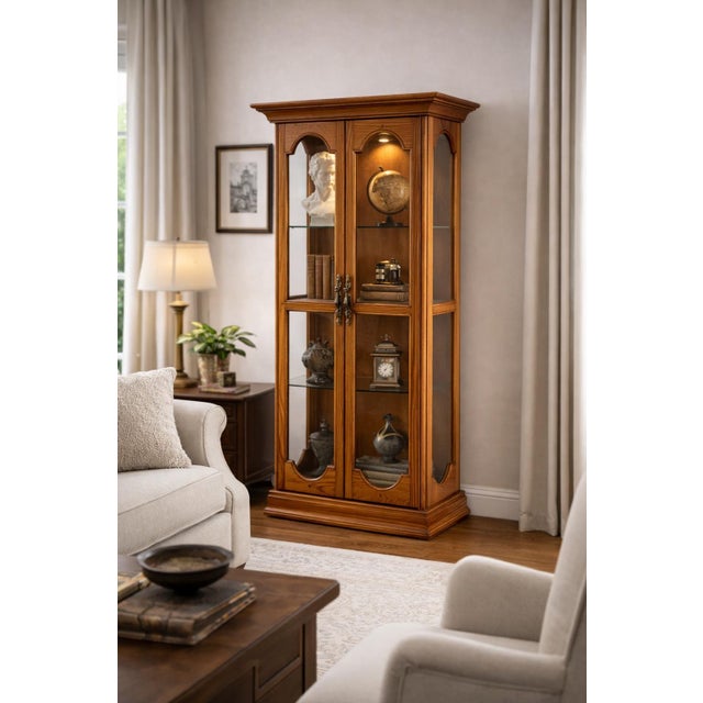 Vintage Harbor House Solid Oak Lighted Curio Cabinet With Glass Sides – Model 9630 – Adjustable Shelves For Sale - Image 10 of 12