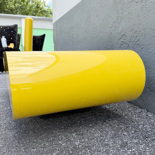 1980s Postmodern Yellow Gloss Laminate Bullnose Coffee Table on Mirror Base For Sale - Image 5 of 7