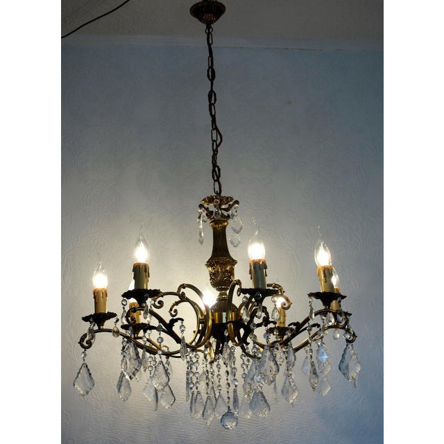 Brown French Brass Crystal Eight-Light Chandelier, 1950s For Sale - Image 8 of 12