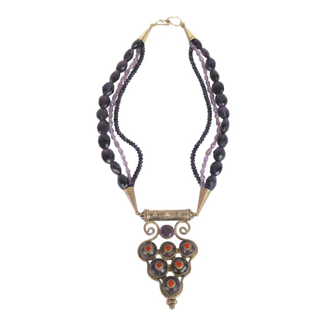 Multi Strand Gem Amethyst Cabochon Triangular Pendant Statement Necklace For Sale