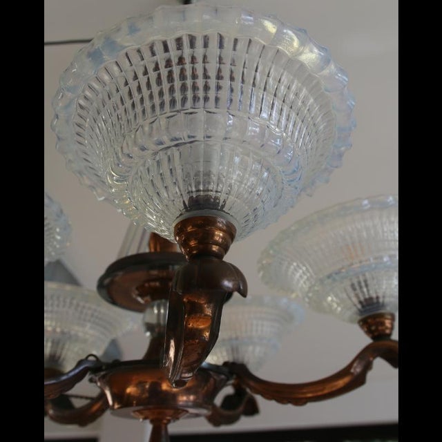 French Art Deco Chandelier in Opalescent Glass and Copper by Ezan-Petitot, 1930s For Sale - Image 10 of 18