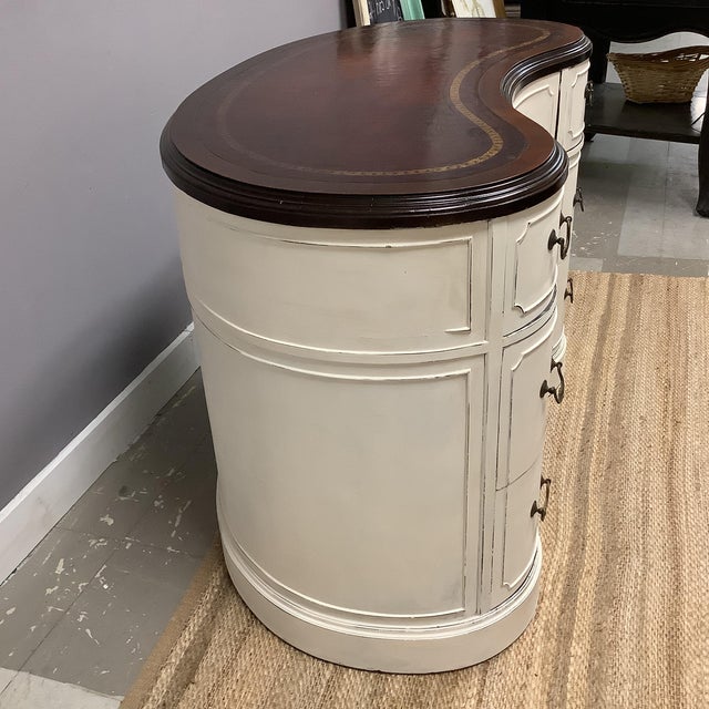 Vintage Kidney Shape Writing Desk 7 Drawers Open Book Shelf Front Painted White For Sale - Image 4 of 12