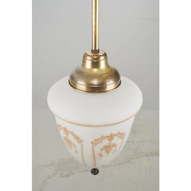 Metal Mid 20th Century Restored Neoclassical Stenciled Milk Glass Pendant Light For Sale - Image 7 of 10