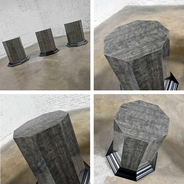 Greek Revival Dining Table Triple Pedestal Base & Elongated Octagon Glass Top Attributed to Bernhardt For Sale - Image 12 of 13