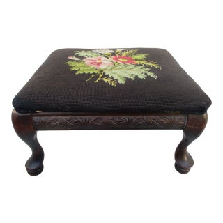 Vintage Embroidered Footstool With Carved Lower Apron For Sale