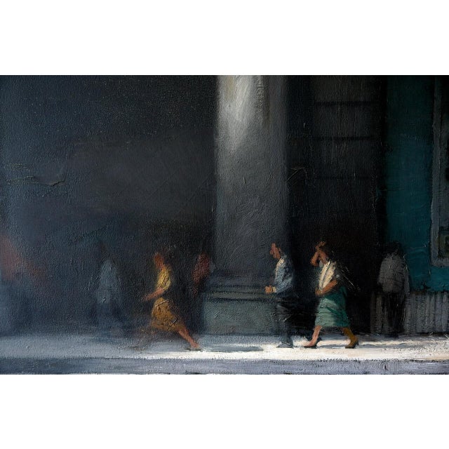Navy Blue 1990s Original Richard Bunkall Painting, Cinematic Urban Theatre Marquee Scene, Framed Oil on Canvas For Sale - Image 8 of 13