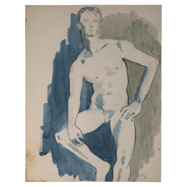 Paper Evelyne Luez, Young Man, Nude, 20th Century, Watercolor on Paper For Sale - Image 7 of 7