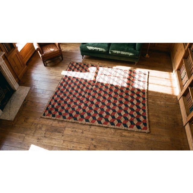 Small Size Happy Red Blue and Tan Color Geometric Tumbling Block Pattern Antique Early 20th Century American Hooked Folk Art Rug For Sale - Image 11 of 13