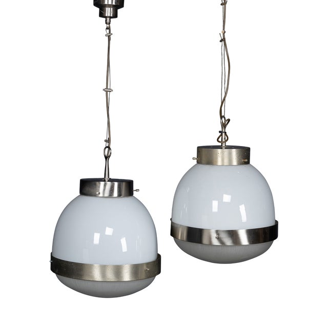 Italian Delta Opaline Pendant Lights by Sergio Mazza for Artemide, 1960s, Set of 2 For Sale