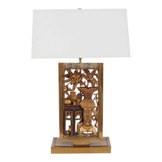 Brass & Wood Carved Lamp, C. 1960