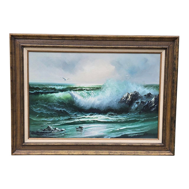 Vintage Mid Century Oil on Canvas Picture Painting Ocean Wave Crashing by Gavin For Sale