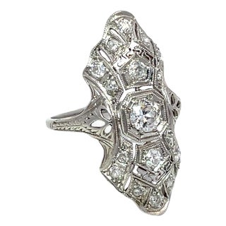 Antique Art Deco Platinum Diamond Filigree Cocktail Ring, Size 5 For Sale