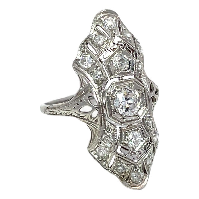 Antique Art Deco Platinum Diamond Filigree Cocktail Ring, Size 5 For Sale