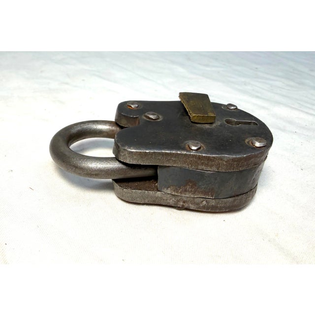 Antique Working Handmade Miniature Riveted Steel Brass Skeleton Key Pad Lock For Sale In New York - Image 6 of 10