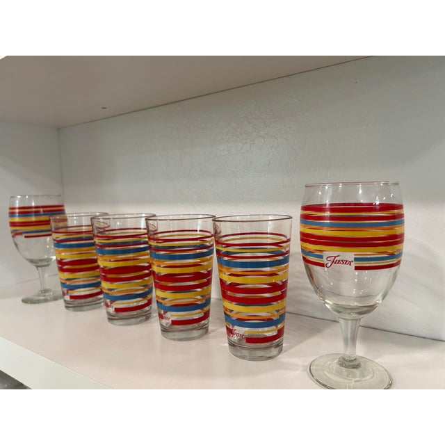 Scarlet Vintage Fiesta Drinking Glasses and Two Water or Iced Tea Glasses - Red, Yellow and Blue Stripes With Fiesta Mark on Front Panel - Set of 6 For Sale - Image 8 of 11