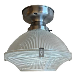 Vintage Holophane Prismatic and Ribbed Glass Flush Mount For Sale